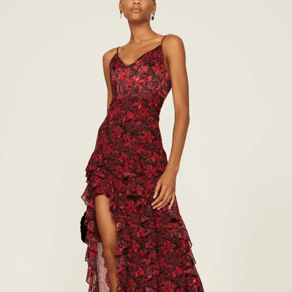 Cinq a Sept Stargazer Lilies Glenda Ruffled Silk Gown Size 4